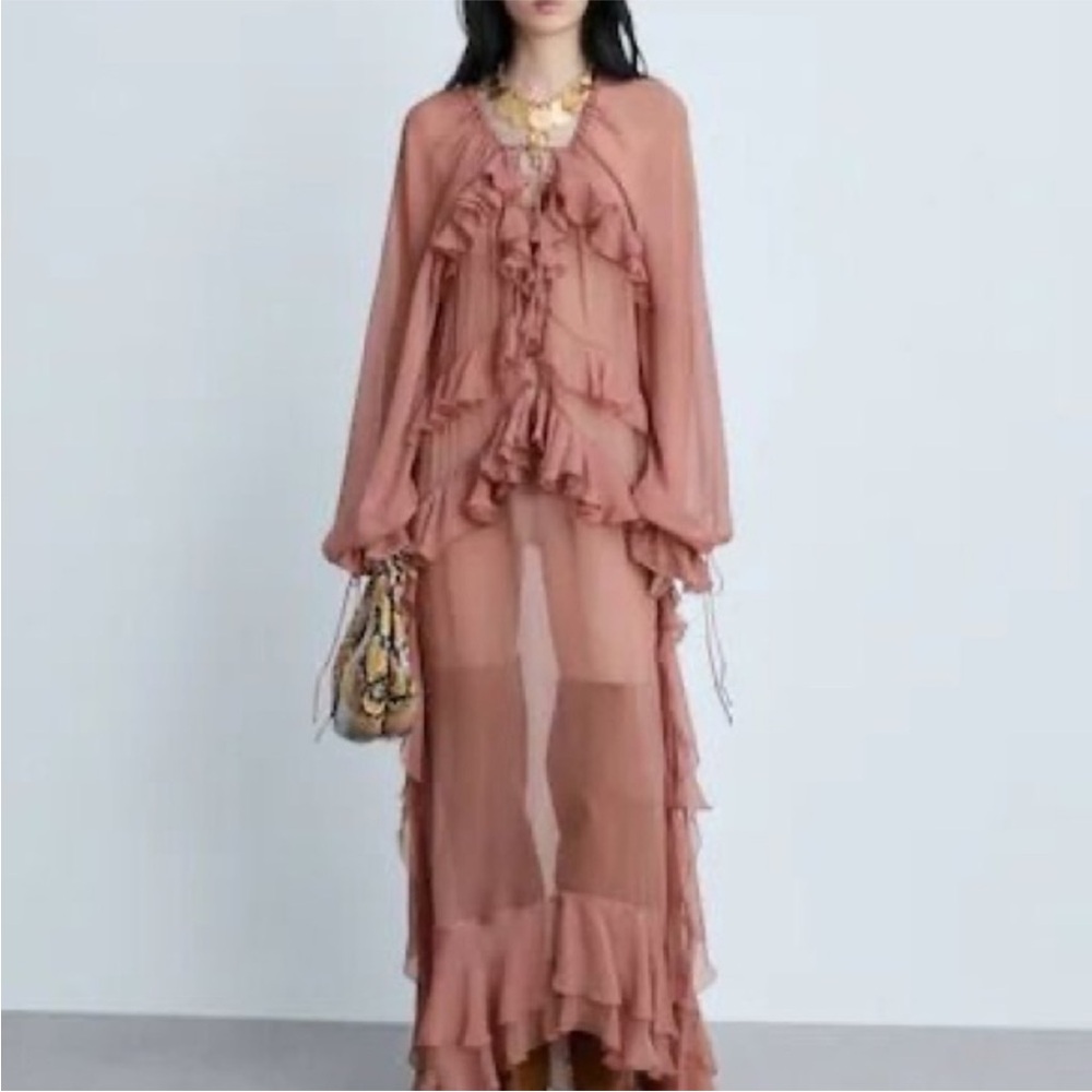 MANGO ruffle pink chiffon dress